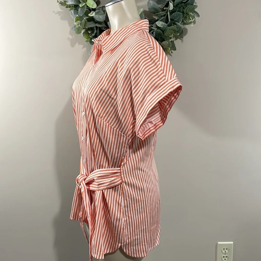 NWT Talbots Tie Waist Button Front Striped Orange… - image 5